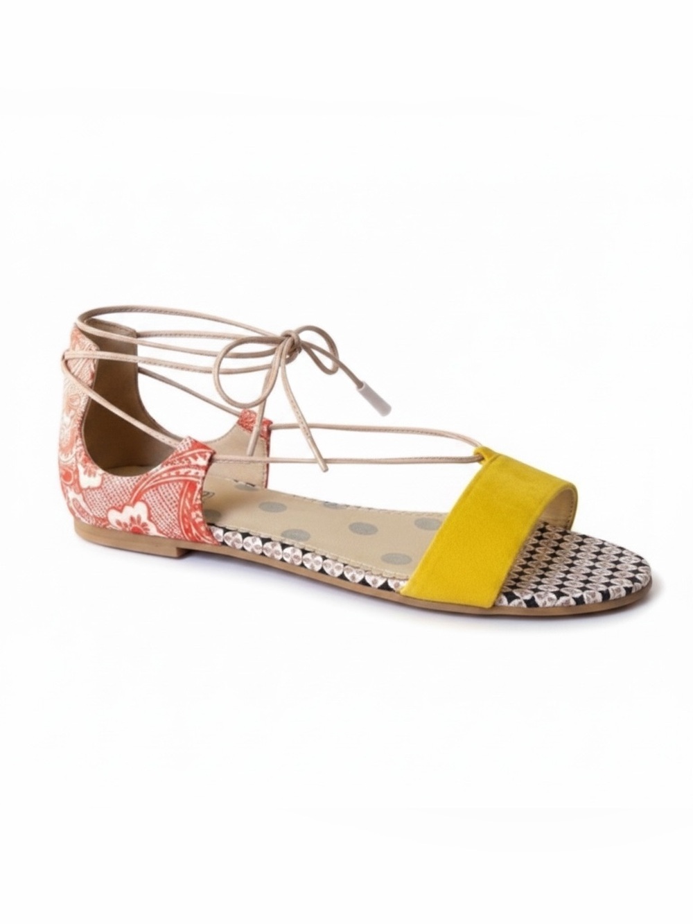 Boden Yellow Suede & Red Patterned Lace-Up Sandals